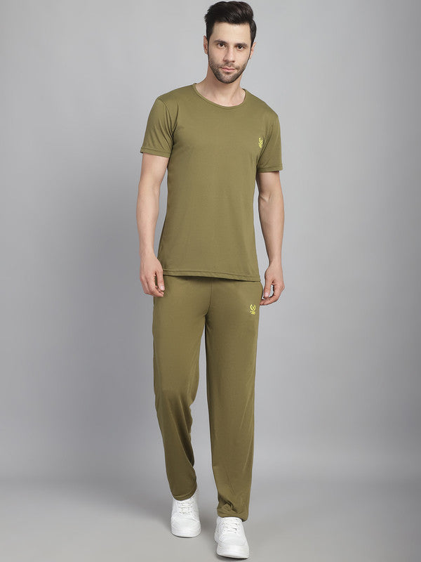 Vimal Jonney Olive Cotton Solid Co-ord Set Tracksuit For Men(Zip On 1 Side Pocket)