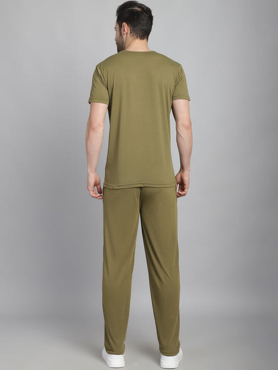 Vimal Jonney Olive Cotton Solid Co-ord Set Tracksuit For Men(Zip On 1 Side Pocket)