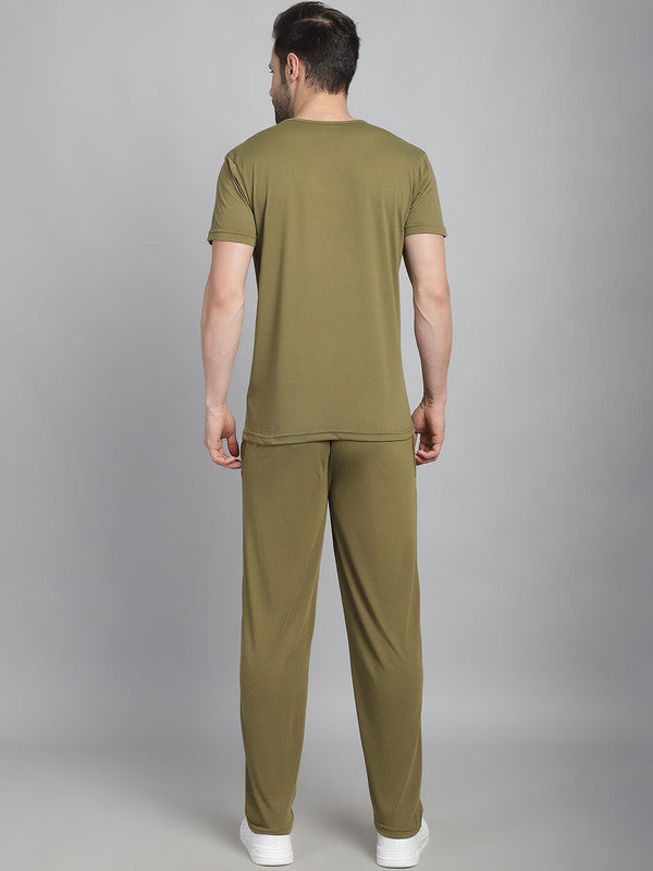 Vimal Jonney Olive Cotton Solid Co-ord Set Tracksuit For Men(Zip On 1 Side Pocket)