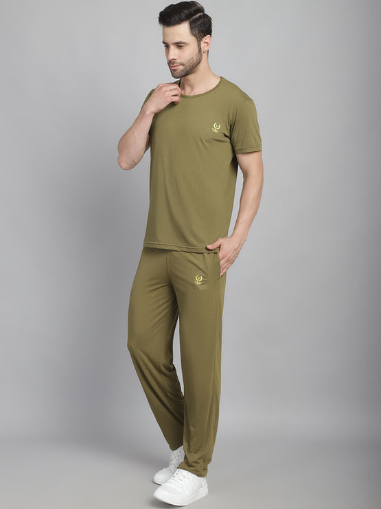 Vimal Jonney Olive Cotton Solid Co-ord Set Tracksuit For Men(Zip On 1 Side Pocket)