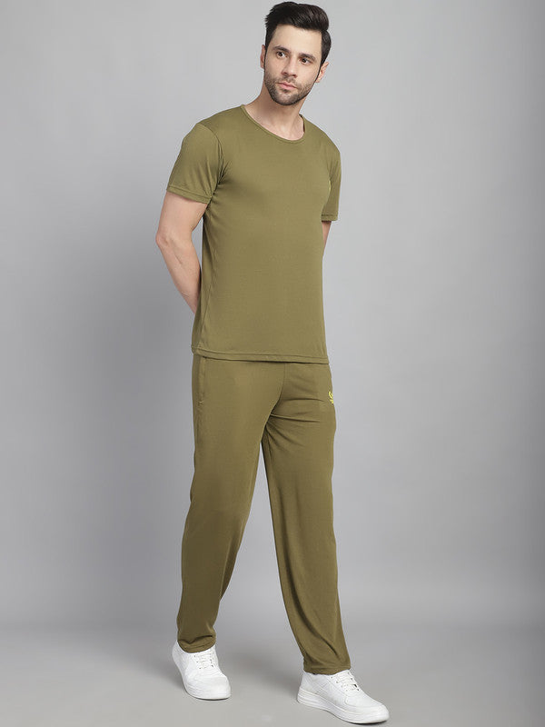 Vimal Jonney Olive Cotton Solid Co-ord Set Tracksuit For Men(Zip On 1 Side Pocket)