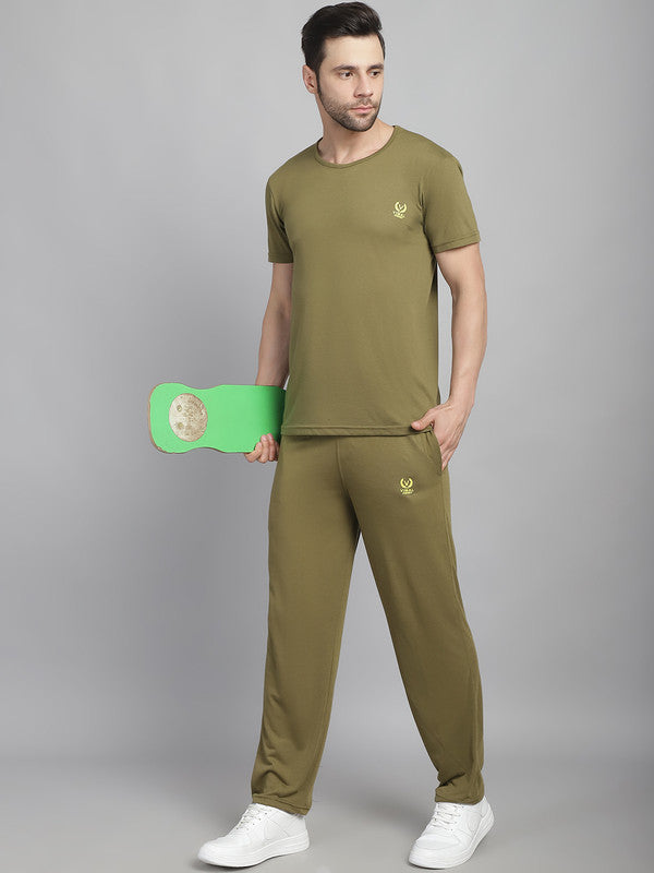 Vimal Jonney Olive Cotton Solid Co-ord Set Tracksuit For Men(Zip On 1 Side Pocket)