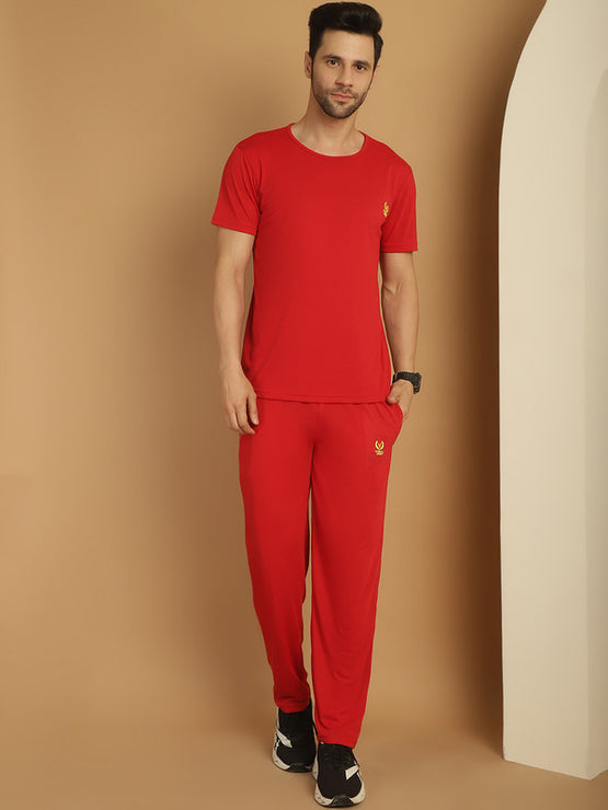 Vimal Jonney Red Cotton Solid Co-ord Set Tracksuit For Men(Zip On 1 Side Pocket)