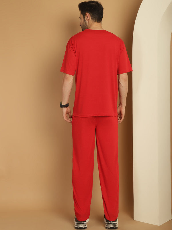 Vimal Jonney Red Cotton Solid Co-ord Set Tracksuit For Men(Zip On 1 Side Pocket)