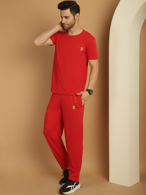 Vimal Jonney Red Cotton Solid Co-ord Set Tracksuit For Men(Zip On 1 Side Pocket)