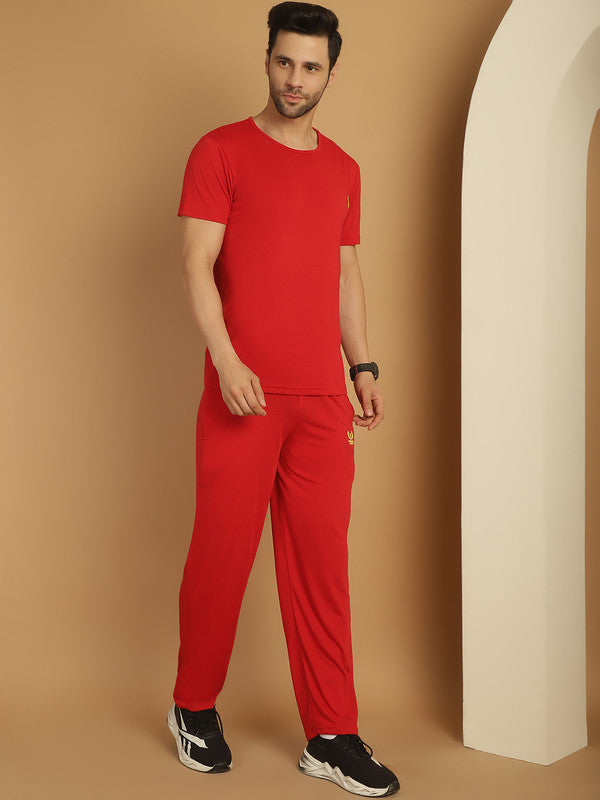 Vimal Jonney Red Cotton Solid Co-ord Set Tracksuit For Men(Zip On 1 Side Pocket)