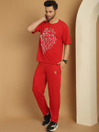 Vimal Jonney Printed  Red Round Neck Cotton Oversize Half sleeves Co-ord set Tracksuit For Men