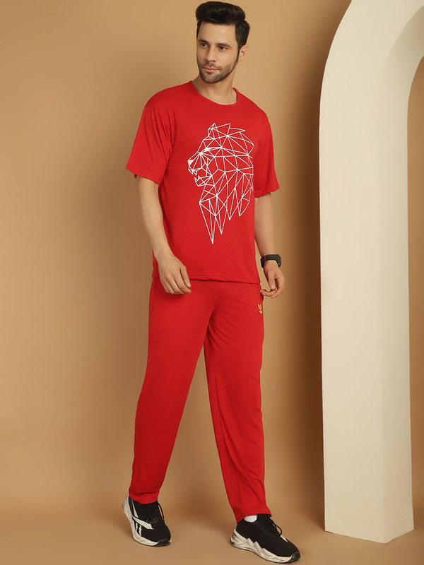 Vimal Jonney Printed  Red Round Neck Cotton Oversize Half sleeves Co-ord set Tracksuit For Men