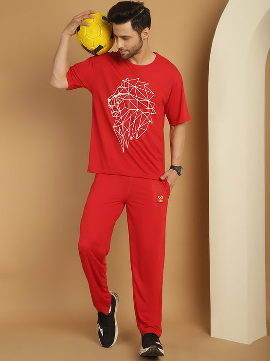 Vimal Jonney Printed  Red Round Neck Cotton Oversize Half sleeves Co-ord set Tracksuit For Men