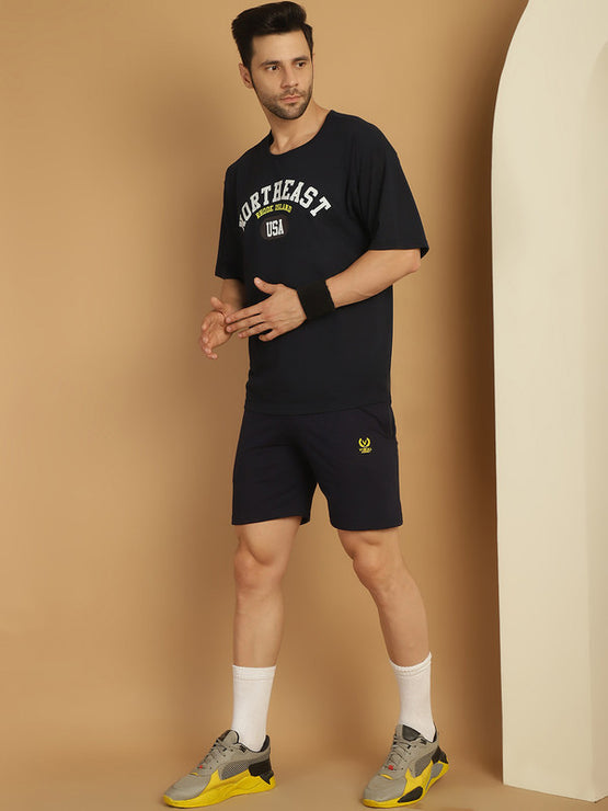 Vimal Jonney Printed  Navy Round Neck Cotton Oversize Half sleeves Co-ord set Tracksuit For Men