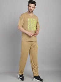 Vimal Jonney Printed  Beige Round Neck Cotton Oversize Half sleeves Co-ord set Tracksuit For Men