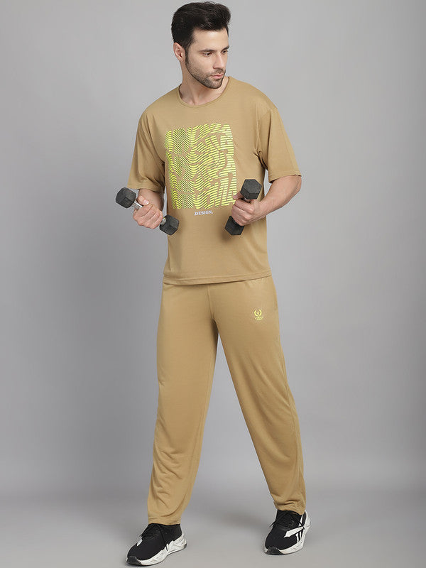 Vimal Jonney Printed  Beige Round Neck Cotton Oversize Half sleeves Co-ord set Tracksuit For Men