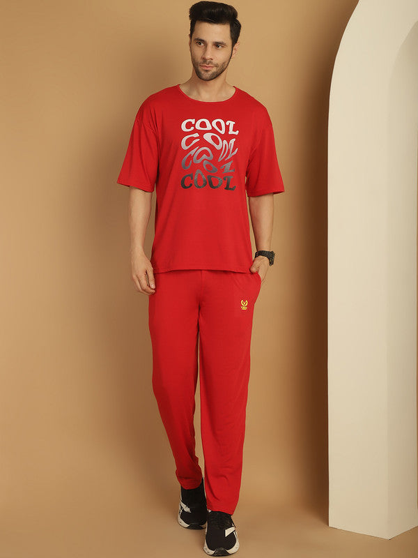 Vimal Jonney Printed  Red Round Neck Cotton Oversize Half sleeves Co-ord set Tracksuit For Men