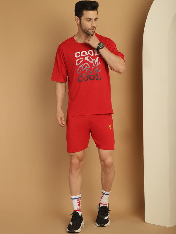 Vimal Jonney Printed  Red Round Neck Cotton Oversize Half sleeves Co-ord set Tracksuit For Men