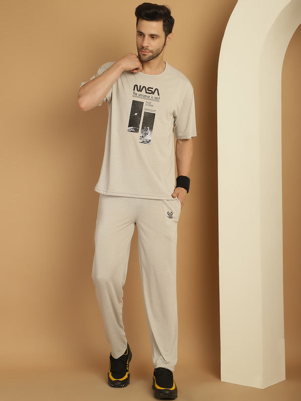 Vimal Jonney Printed  Light Grey Round Neck Cotton Oversize Half sleeves Co-ord set Tracksuit For Men