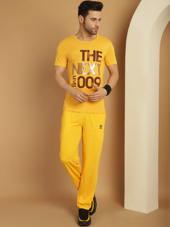 Vimal Jonney Yellow Cotton Printed Co-ord Set Tracksuit For Men(Zip On 1 Side Pocket)