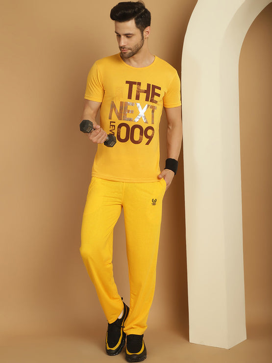 Vimal Jonney Yellow Cotton Printed Co-ord Set Tracksuit For Men(Zip On 1 Side Pocket)