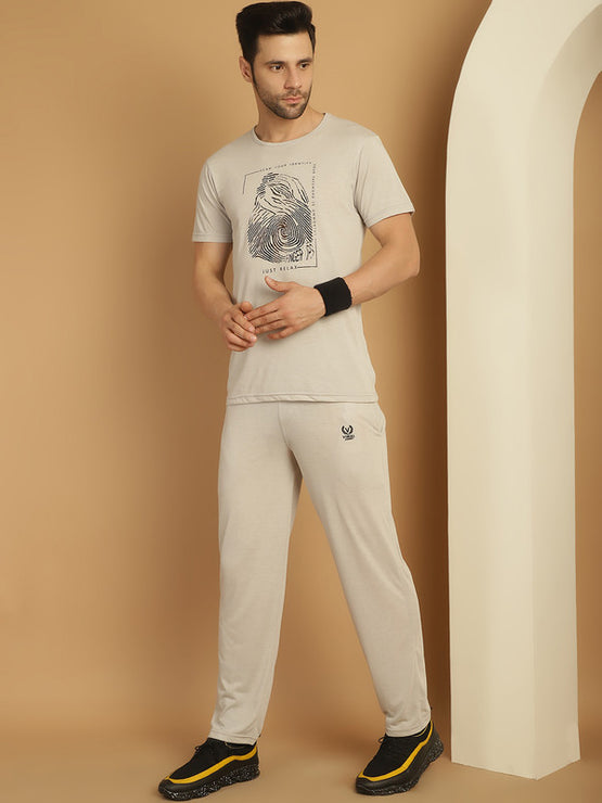 Vimal Jonney Light Grey Cotton Printed Co-ord Set Tracksuit For Men(Zip On 1 Side Pocket)