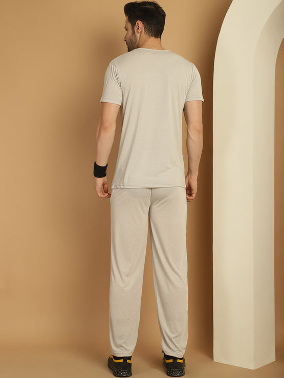 Vimal Jonney Grey Melange Cotton Printed Co-ord Set Tracksuit For Men(Zip On 1 Side Pocket)