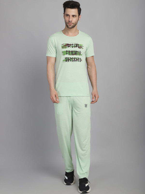 Vimal Jonney Light Green Cotton Printed Co-ord Set Tracksuit For Men(Zip On 1 Side Pocket)