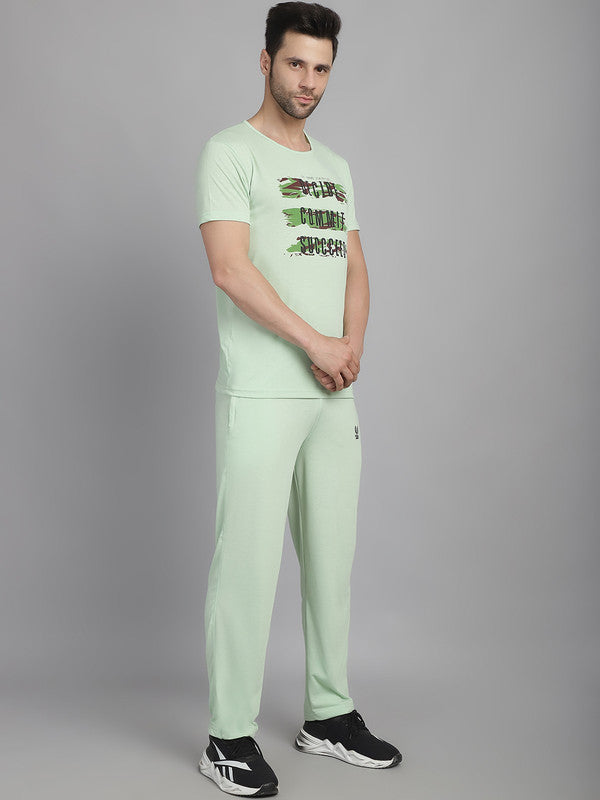 Vimal Jonney Light Green Cotton Printed Co-ord Set Tracksuit For Men(Zip On 1 Side Pocket)