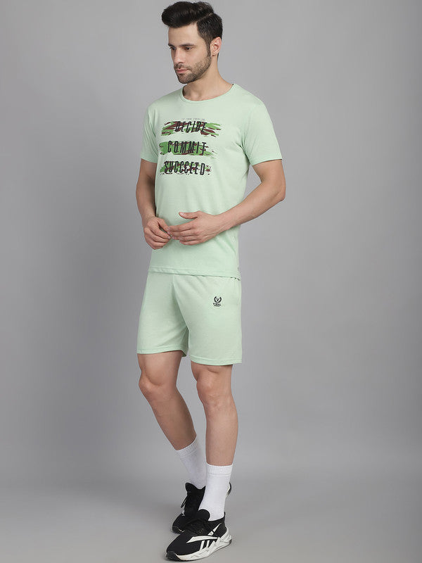 Vimal Jonney Printed  Light Green Round Neck Cotton  Half sleeves Co-ord set Tracksuit For Men