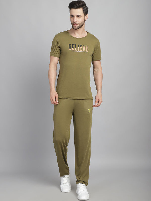 Vimal Jonney Olive Cotton Printed Co-ord Set Tracksuit For Men(Zip On 1 Side Pocket)