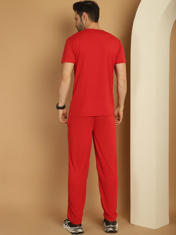 Vimal Jonney Printed  Red Round Neck Cotton  Half sleeves Co-ord set Tracksuit For Men