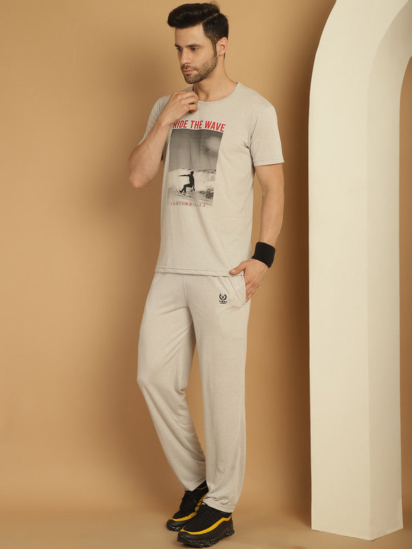 Vimal Jonney Printed  Light Grey Round Neck Cotton  Half sleeves Co-ord set Tracksuit For Men