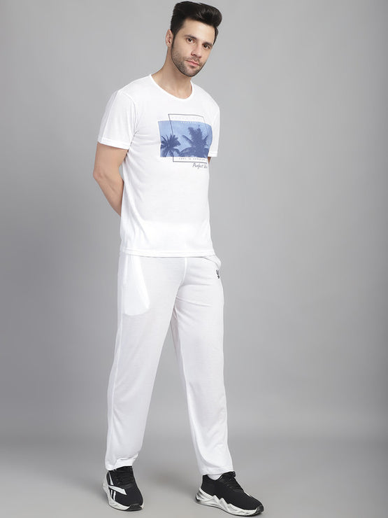 Vimal Jonney Printed  White Round Neck Cotton  Half sleeves Co-ord set Tracksuit For Men