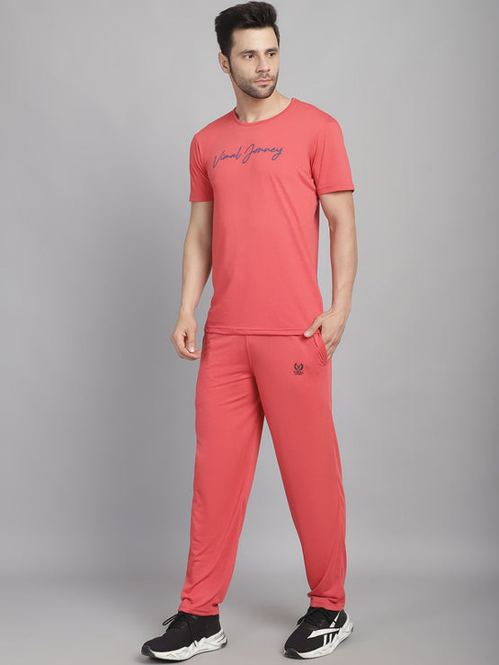 Vimal Jonney Logo Print  Pink Round Neck Cotton  Half sleeves Co-ord set Tracksuit For Men