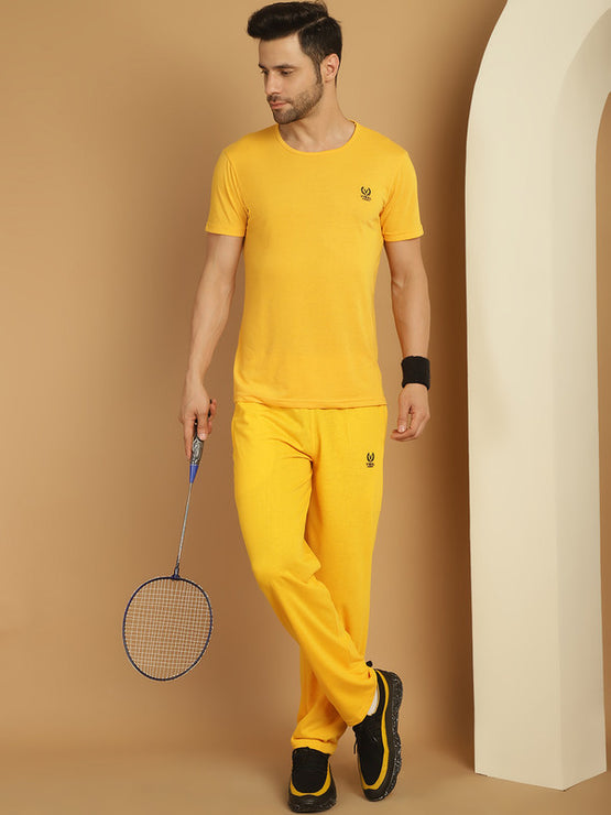 Vimal Jonney Yellow Cotton Solid Co-ord Set Tracksuit For Men(Zip On 1 Side Pocket)