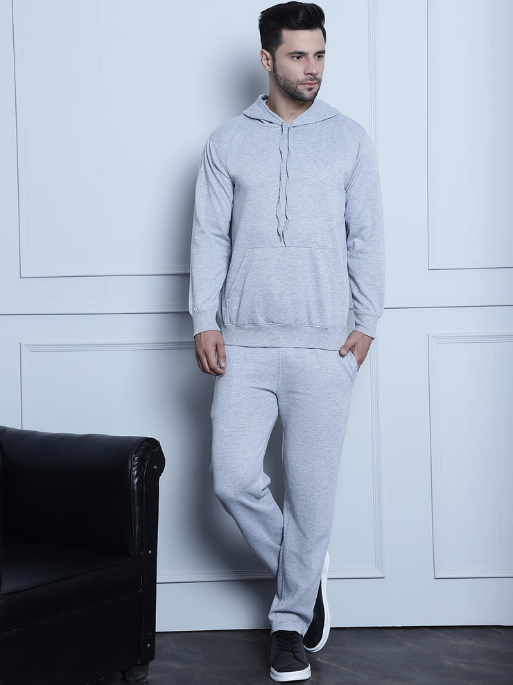 Vimal Jonney Grey Melange Solid Hooded Cotton Fleece Tracksuit for Men