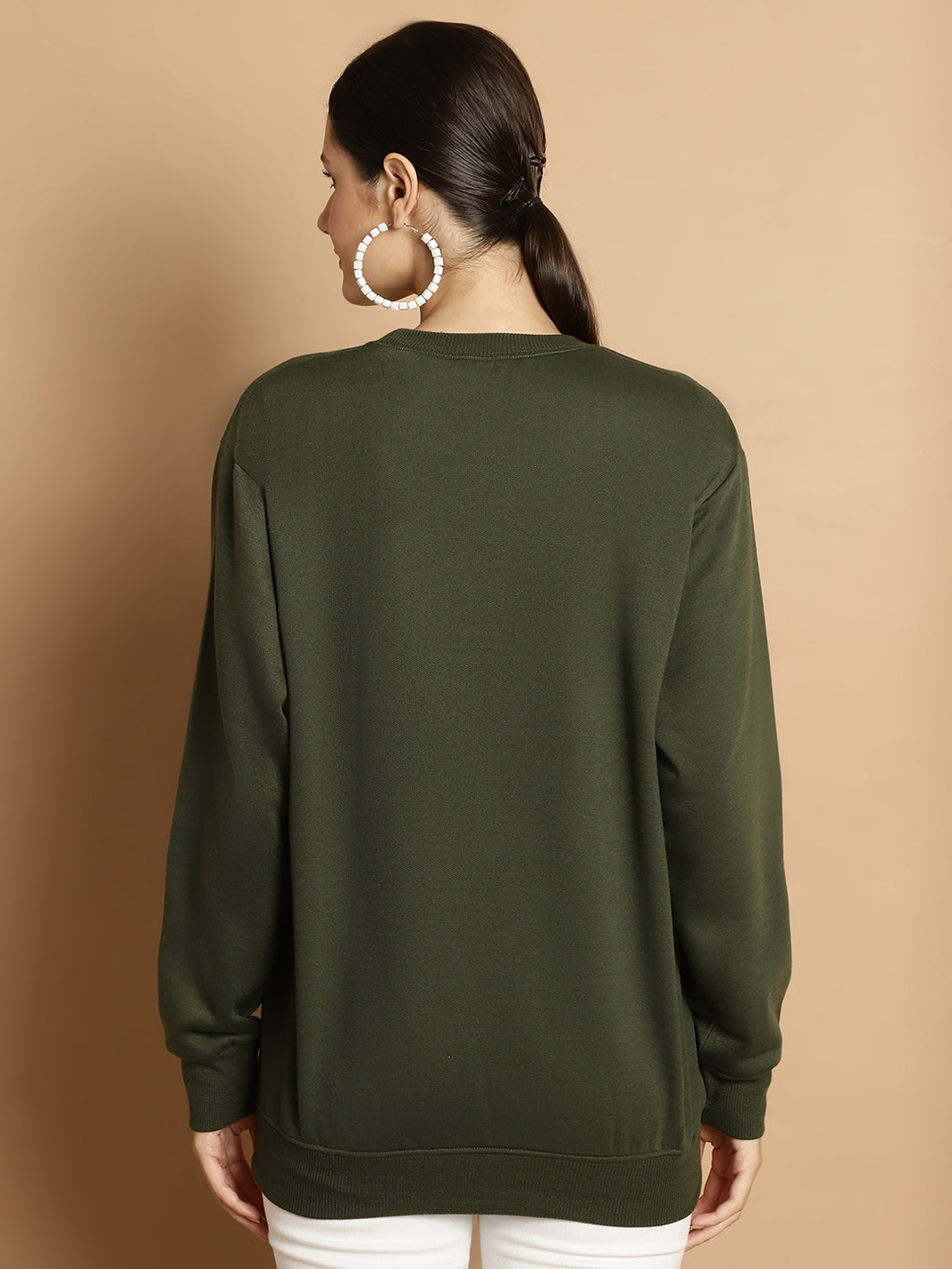 Vimal Jonney Olive Printed Round Neck Cotton Fleece Sweatshirt for Women