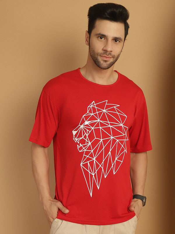 Vimal Jonney Printed Red Round Neck Cotton Oversize Half sleeves Tshirt For Men