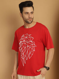 Vimal Jonney Printed Red Round Neck Cotton Oversize Half sleeves Tshirt For Men