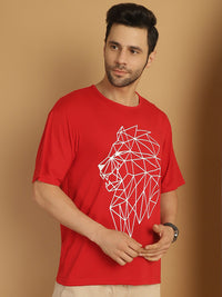 Vimal Jonney Printed Red Round Neck Cotton Oversize Half sleeves Tshirt For Men