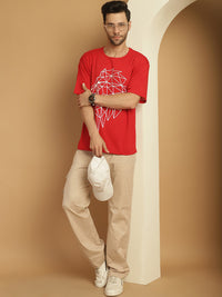 Vimal Jonney Printed Red Round Neck Cotton Oversize Half sleeves Tshirt For Men