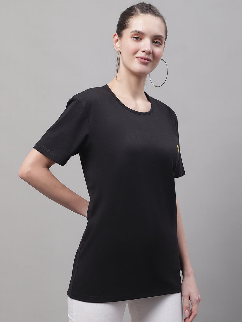 Vimal Jonney Round Neck Cotton Solid Black T-Shirt for Women