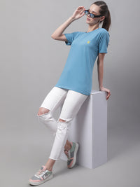 Vimal Jonney Round Neck Cotton Solid Blue T-Shirt for Women