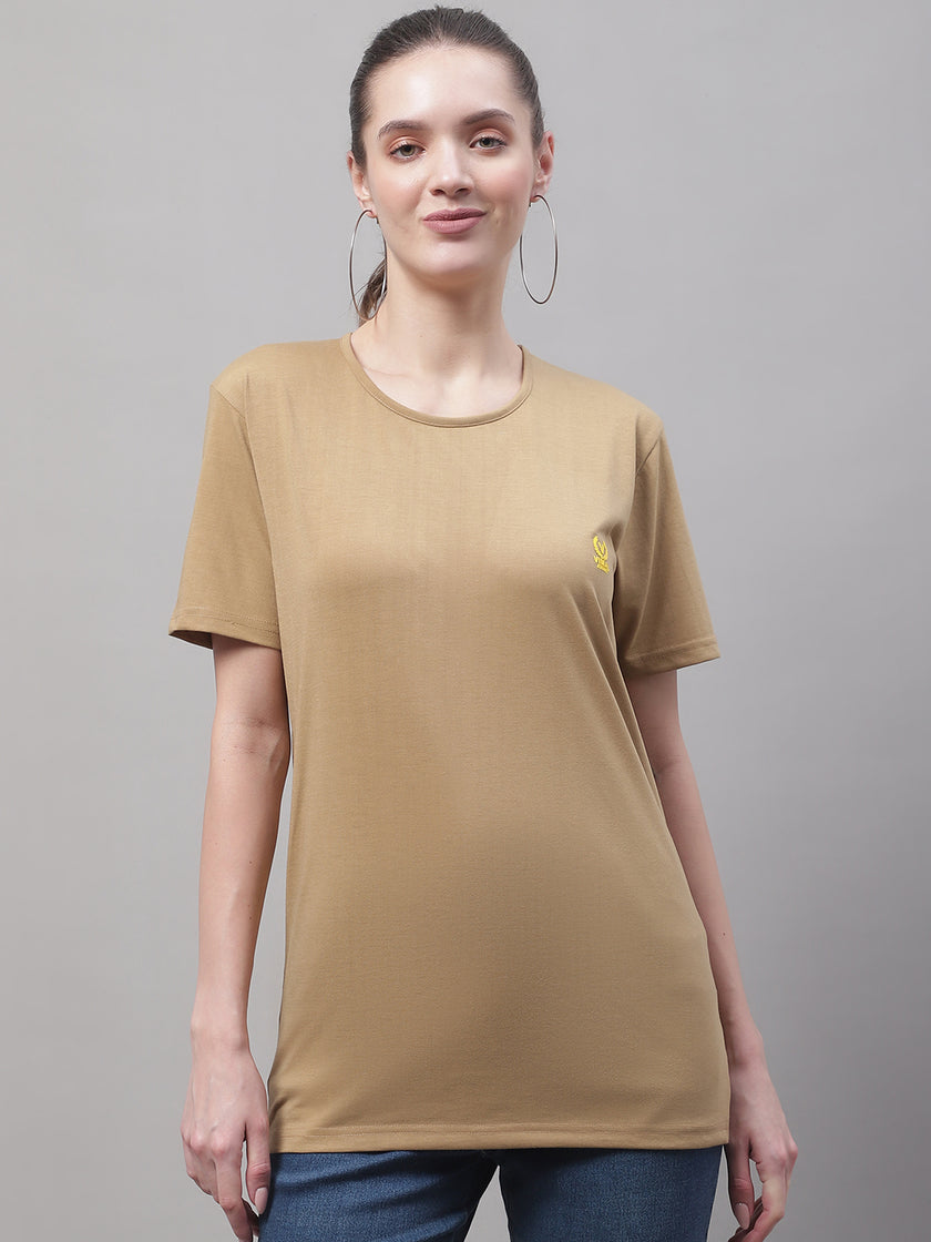 Vimal Jonney Round Neck Cotton Solid Mud T-Shirt for Women