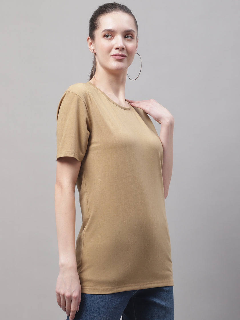 Vimal Jonney Round Neck Cotton Solid Mud T-Shirt for Women