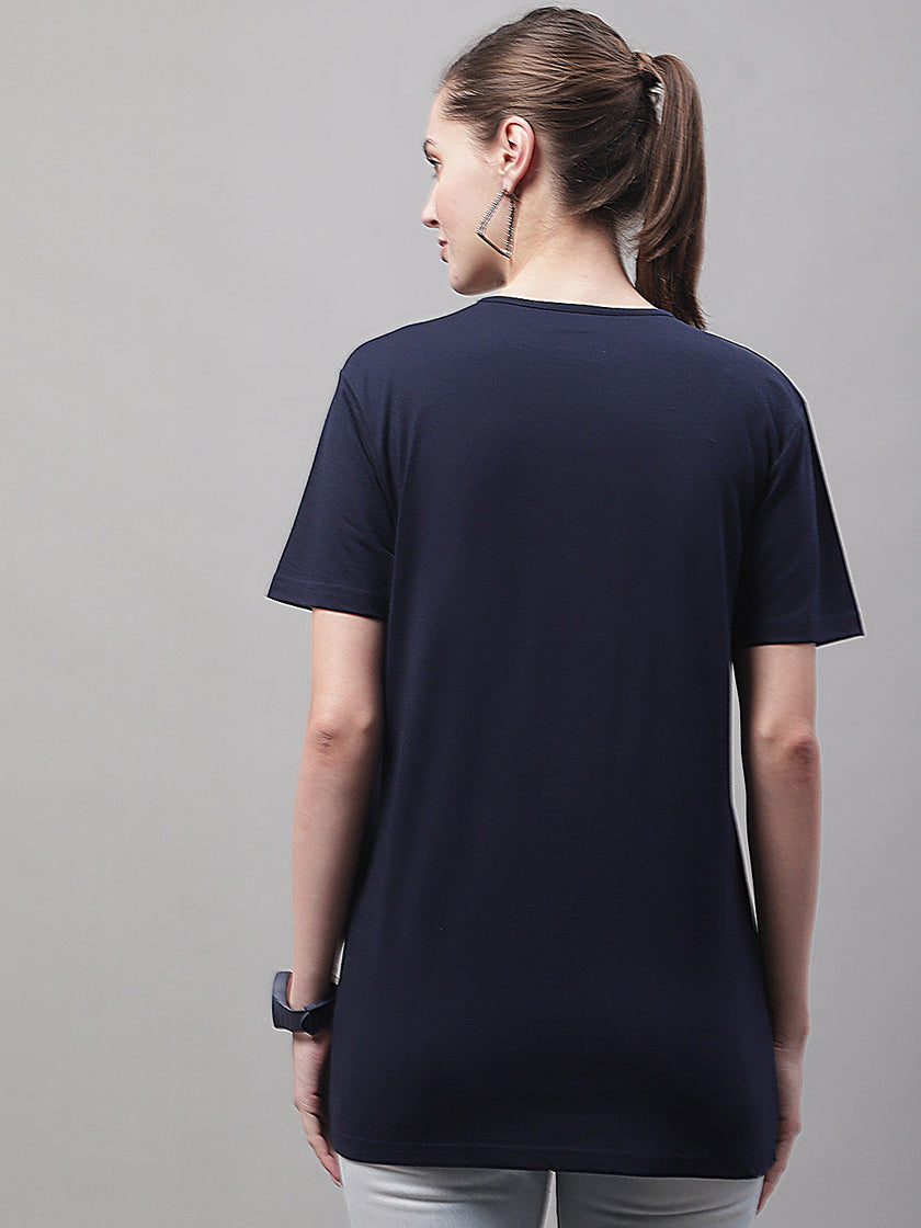 Vimal Jonney Round Neck Cotton Solid Navy Blue T-Shirt for Women