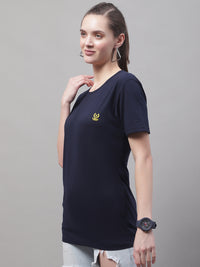 Vimal Jonney Round Neck Cotton Solid Navy Blue T-Shirt for Women