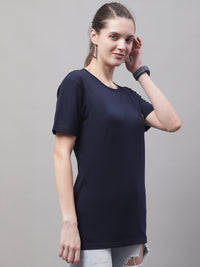 Vimal Jonney Round Neck Cotton Solid Navy Blue T-Shirt for Women