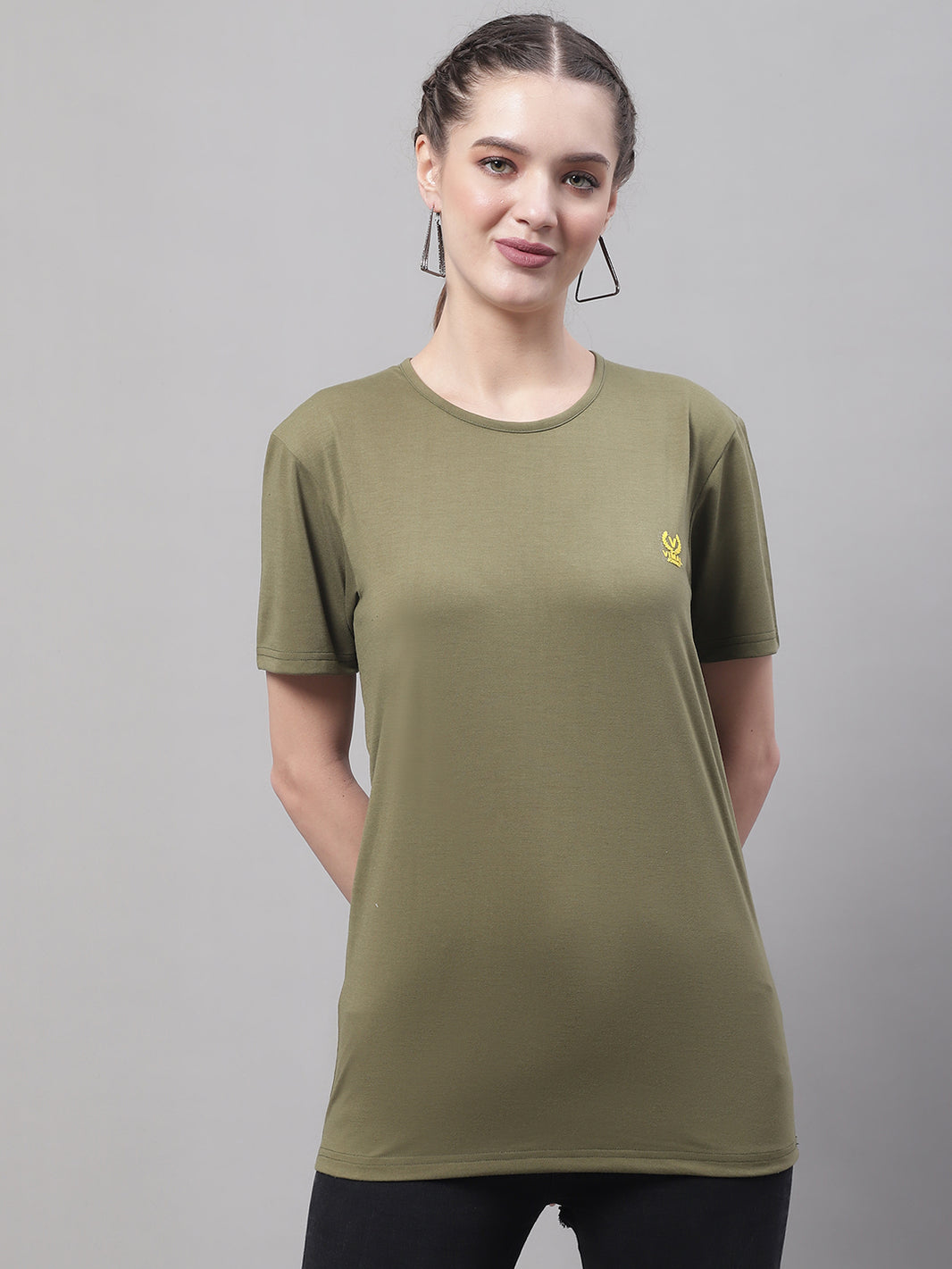 Vimal Jonney Round Neck Cotton Solid Olive T-Shirt for Women