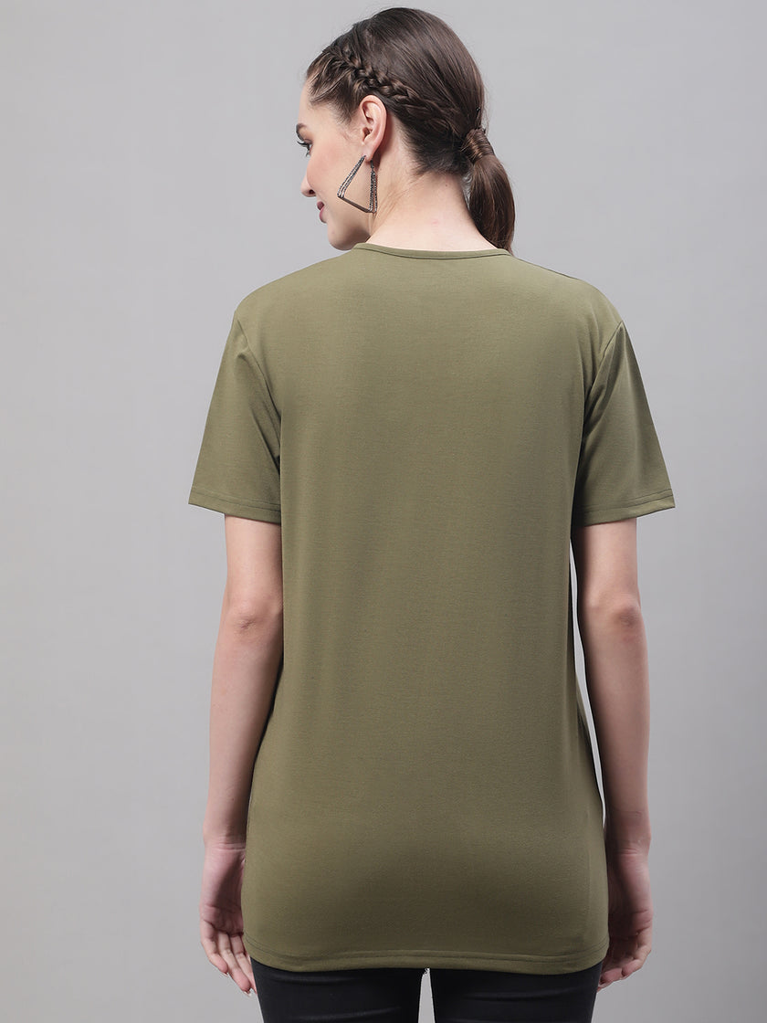 Vimal Jonney Round Neck Cotton Solid Olive T-Shirt for Women