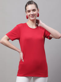 Vimal Jonney Round Neck Cotton Solid Red T-Shirt for Women