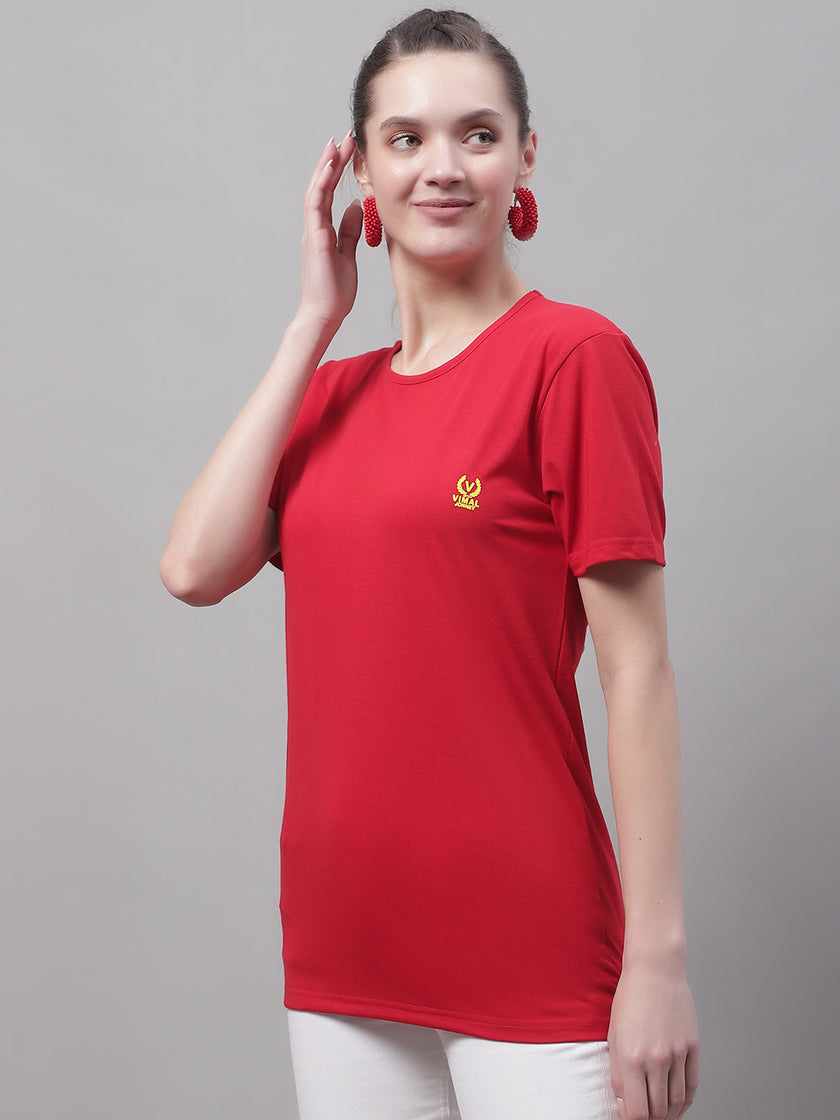 Vimal Jonney Round Neck Cotton Solid Red T-Shirt for Women