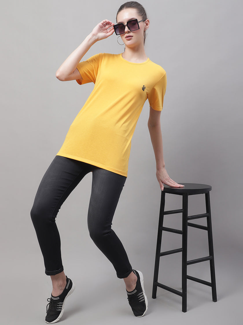 Vimal Jonney Round Neck Cotton Solid Yellow T-Shirt for Women